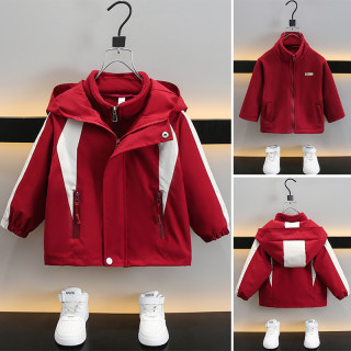 男童冲锋衣二合一两件套2025新款洋气儿童宝宝春秋季炸街红色外套