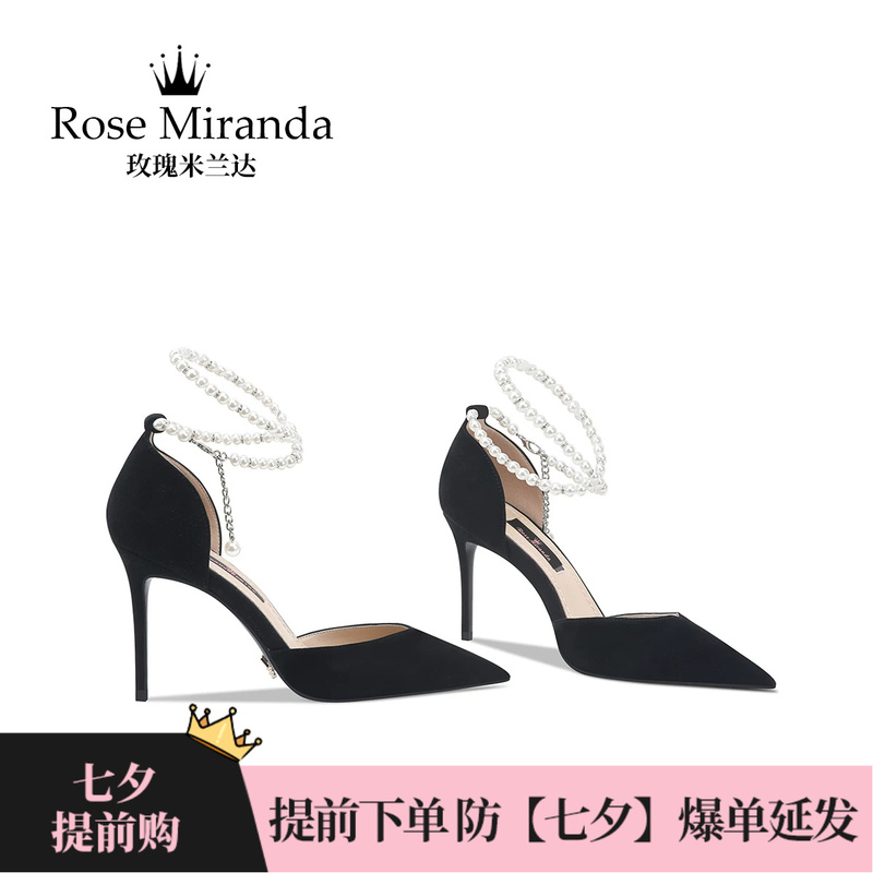 Rose Miranda High Heels Black Genuine Leather Handmade Sandals for Women Spring and Summer New Style
