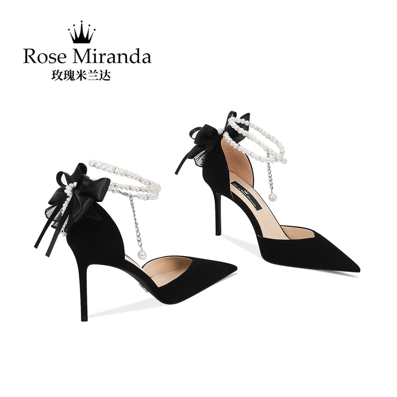 Rose Miranda High Heels with Black Bow and Side Cut-Out Sandals to Match the Skirt
