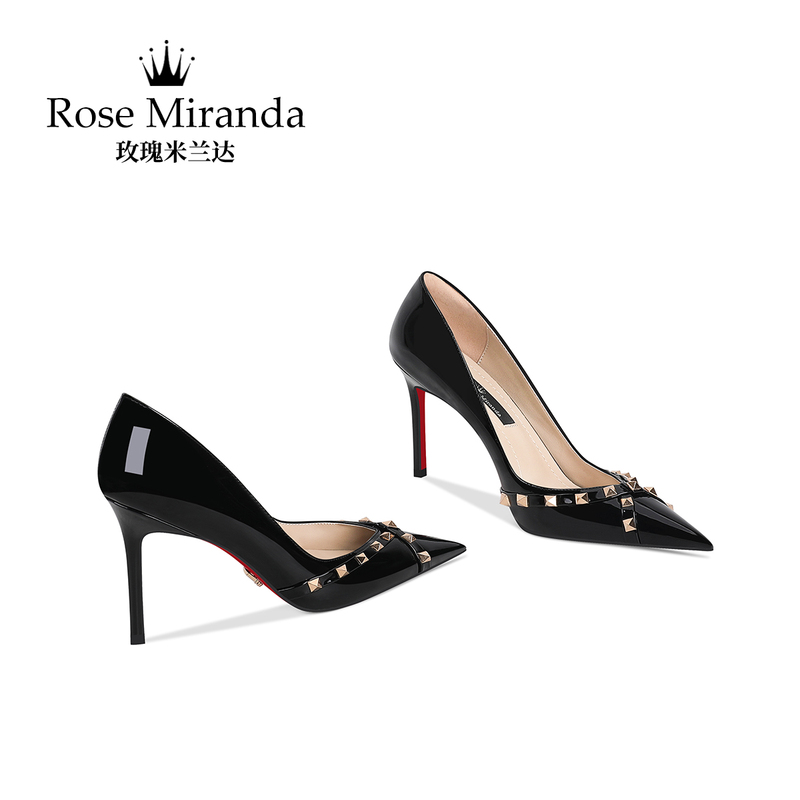 Rose Miranda [Red Sole] High Heels Nude Black Slip-On Shallow Mouth Studded Shoes