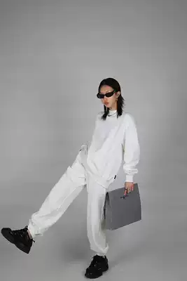 Beauty Fuzzykon spring and autumn high-quality leisure sports minimalist plain round neck thick cotton T suit black and white gray