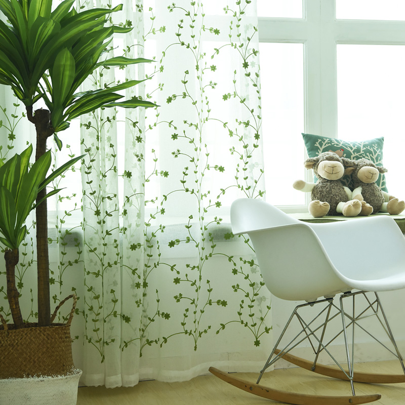 Small clear new leaf embroidered silk curtain semi shading window curtain room bedroom balcony floating window finished yarn curtain set to do