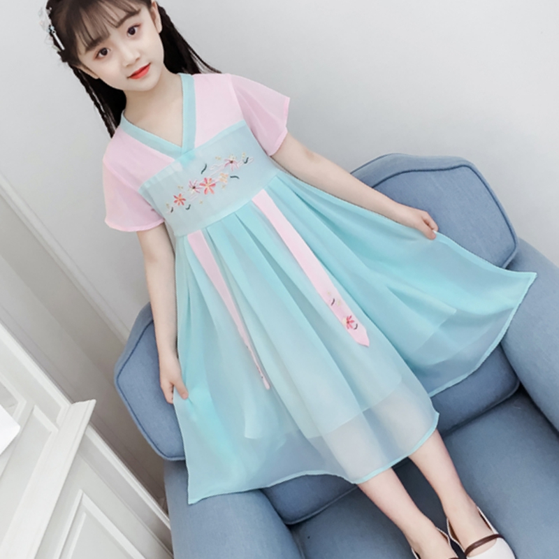 Girldress viền siêu fairy 12 tuổi cô gái mùa hè váy phong cách Trung Quốc váy trẻ em hoa anh đào Tang váy.