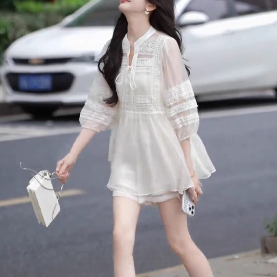 法式清纯气质小个子套装女2026夏季新款白色防晒衬衫上衣短裤套装