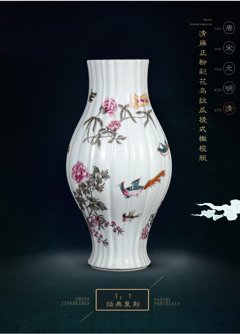 Jia lage YangShiQi the clear yong zheng famille rose flower - and - bird grain melon leng type and name olive hand - made porcelain bottle furnishing articles