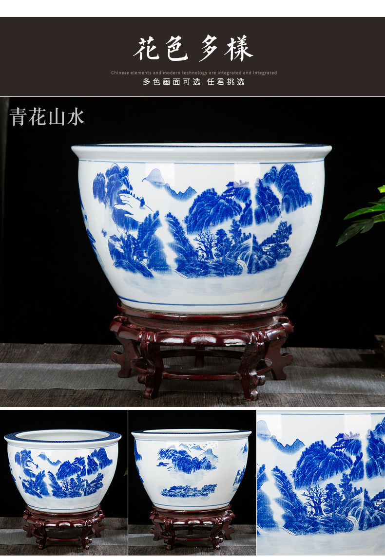 Blue and white porcelain jar of jingdezhen ceramics ceramic aquarium tank big lotus lotus cylinder landing fish tank feng shui furnishing articles