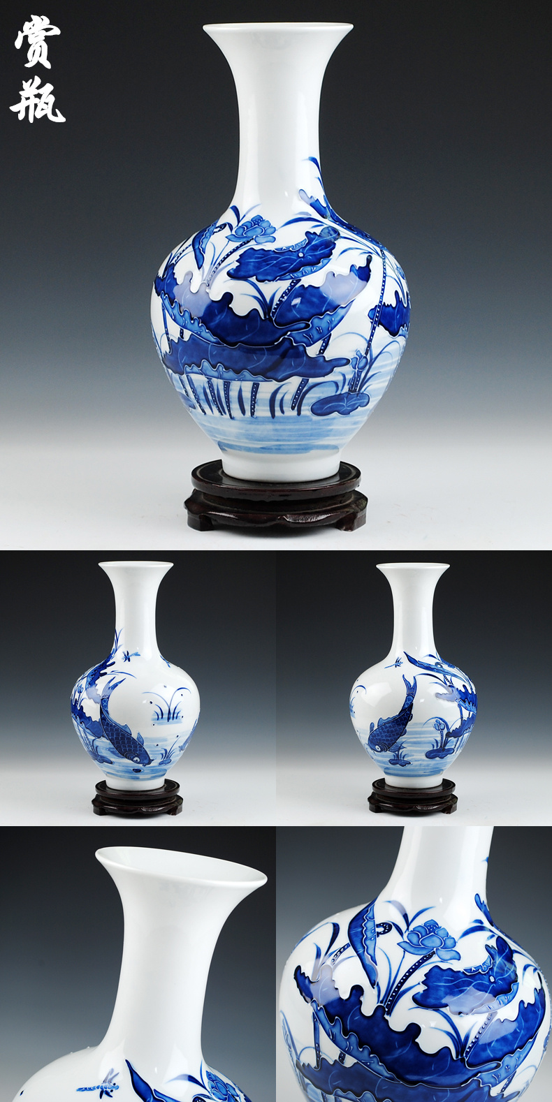 Jingdezhen ceramic embossed lotus of blue and white porcelain vase household adornment handicraft furnishing articles sitting room