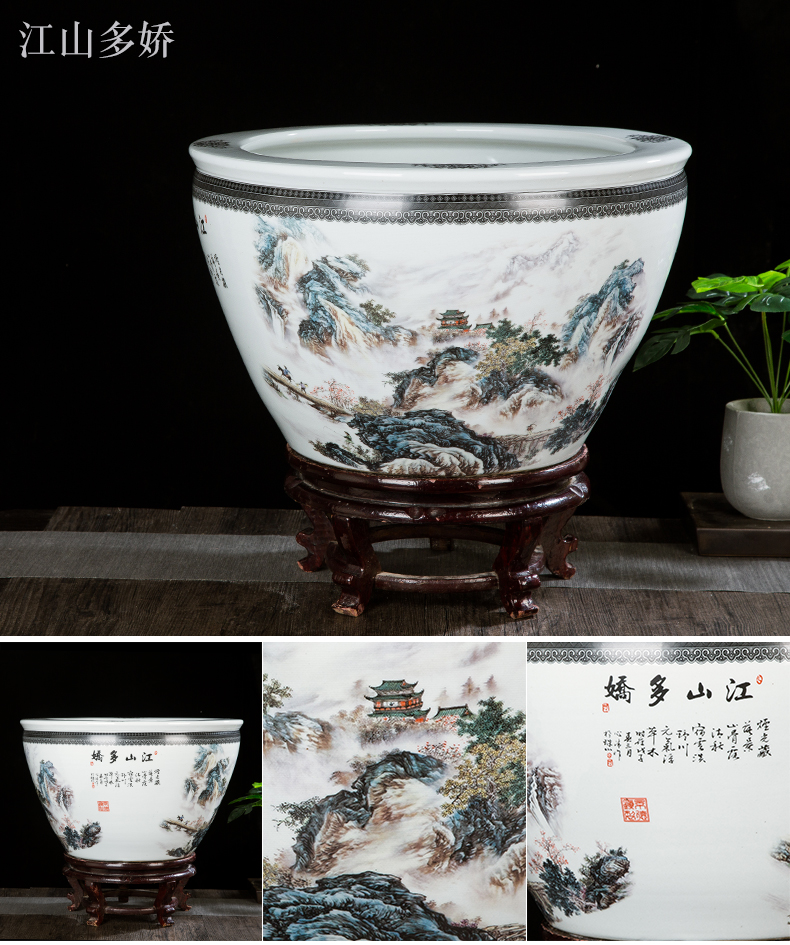 Jingdezhen ceramic aquarium large lotus garden to raise a goldfish bowl sitting room aquarium tank painting and calligraphy cylinder furnishing articles