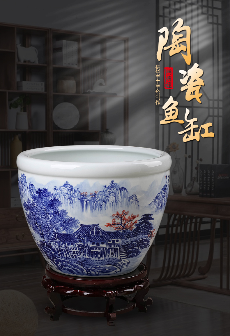 Jingdezhen ceramic aquarium hand - made pastel blue place, a large sitting room aquarium tortoise cylinder water lily lotus basin