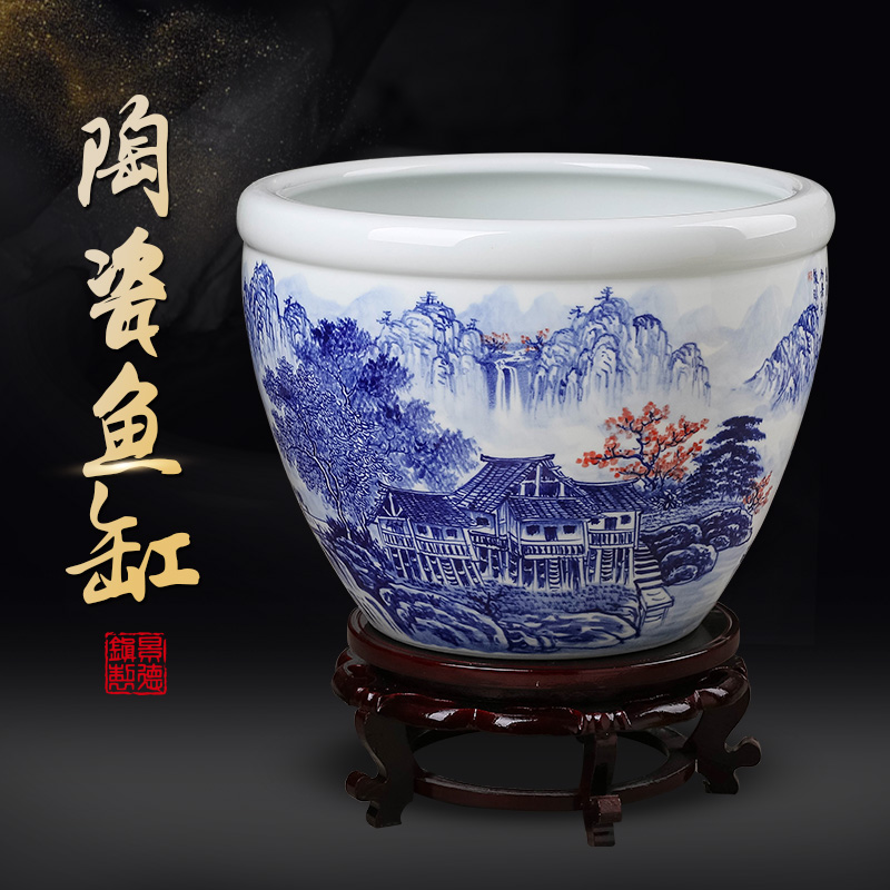 Jingdezhen ceramic aquarium hand - made pastel blue place, a large sitting room aquarium tortoise cylinder water lily lotus basin