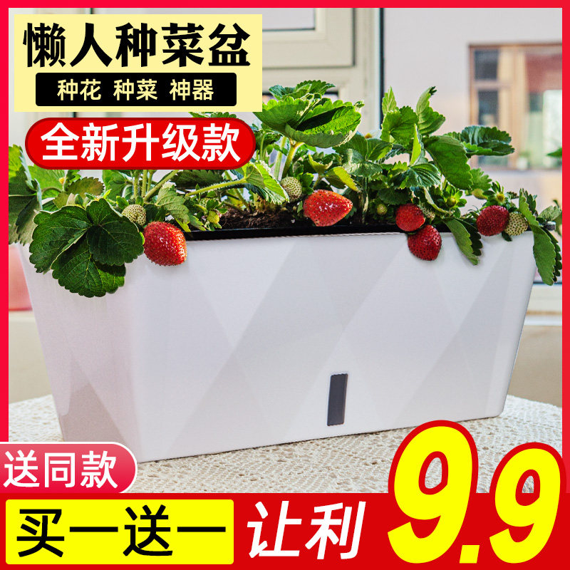 2021 lazy man flower pot self-absorbent water-free cultivation vegetable pot extra large rectangular green grate balcony long strip plastic