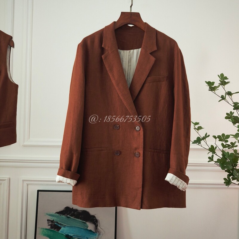 Old Money Style 100% Linen Luxurious Suit Jacket, Elegant Retro Double-Breasted Commuter Wear, Mature Style Jacket