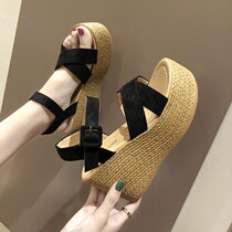 Main yarn Wedding Shoes God Instrumental Net Red Sandals Women Summer 2022 New Bridal High Heel Slope Heel waterproof bench Muffin bottom W 