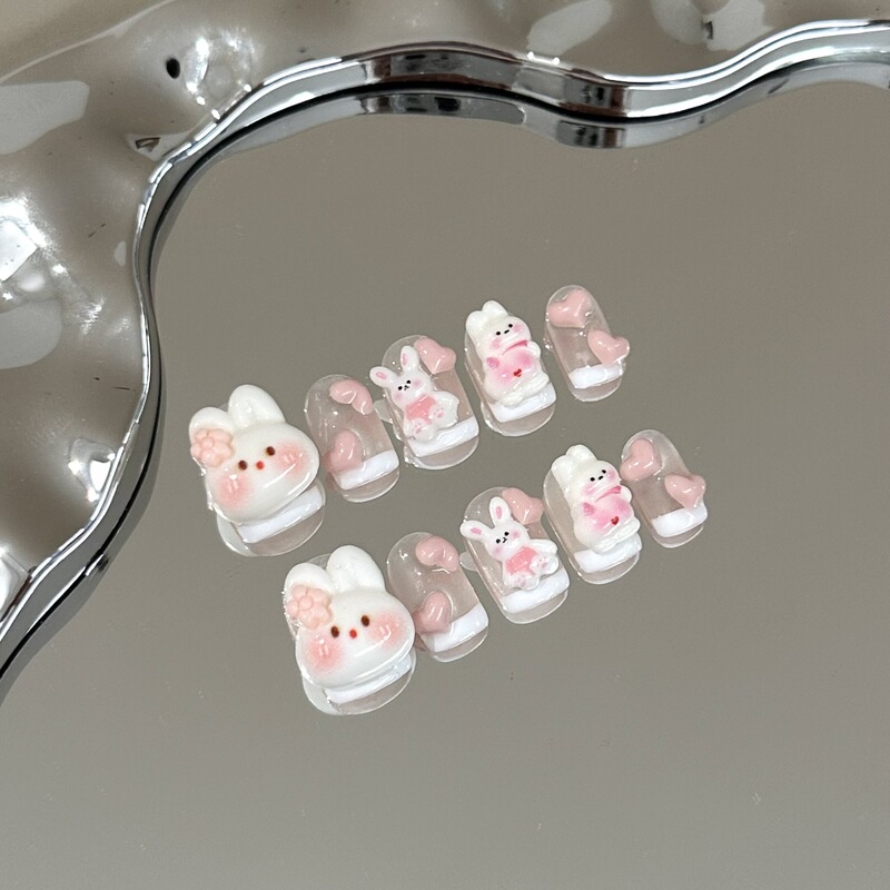 Handmade Wearable Nail Pieces with a High-End Feel, Cute Pink Heart Short Style Manicure, Brightening White Rabbit Cartoon French Nails