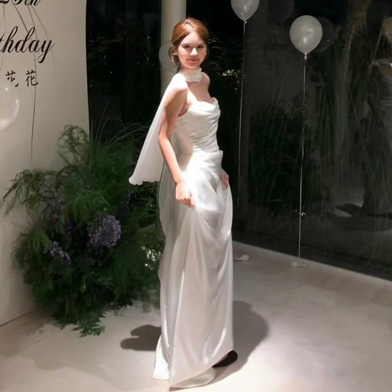 Queen Mother's Engagement Dress White Casual Satin Certificate Registration Dress Casual Lightweight French Light Wedding Dress