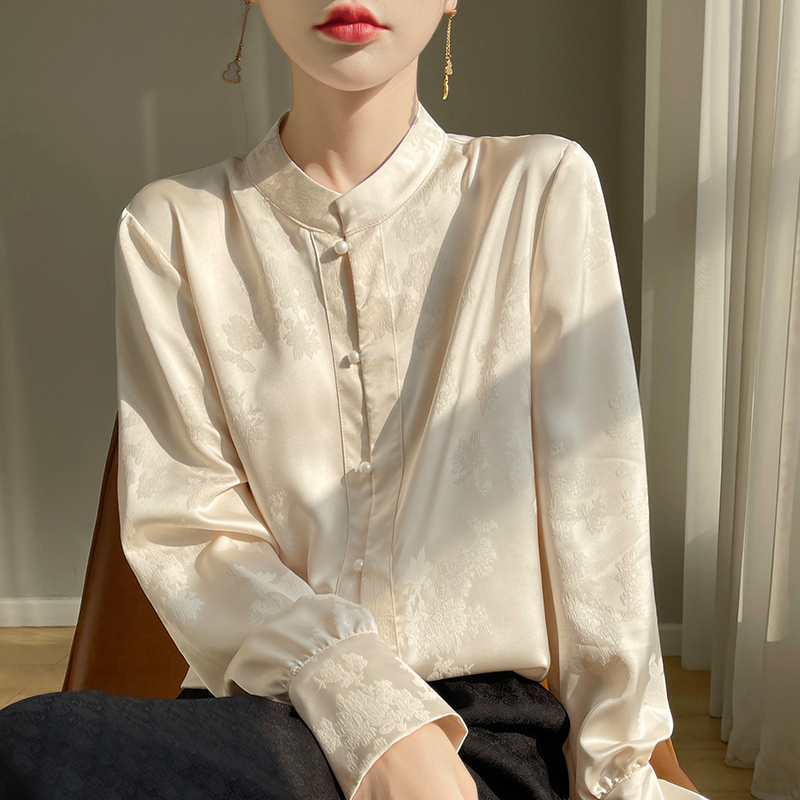 High-End Elegant Stand-Collar Satin Shirt for Women, Long-Sleeved Loose Button-Up Versatile Blouse, New Stylish Top for Spring and Summer 2026
