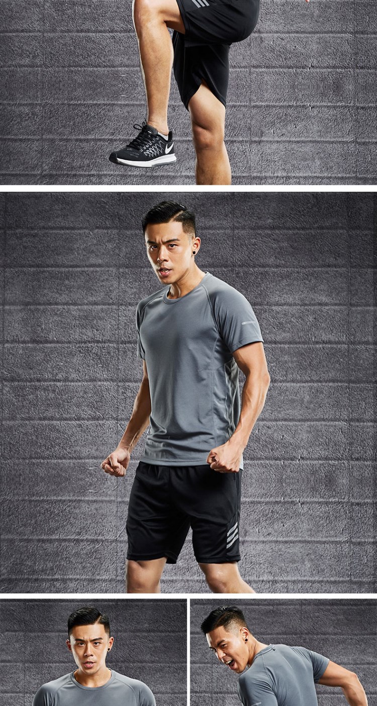 Quần áo thể thao nam mùa hè ngắn tay hai mảnh khô nhanh quần áo tập thể dục mùa hè tập thể dục ngoài trời quần áo thể thao - Quần áo tập thể hình áo tập gym nam