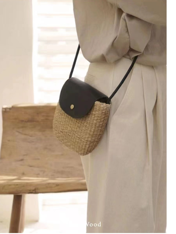 Grass&Wood Handmade Straw Bag, Genuine Leather Phone Bag, Shoulder Crossbody Bag, Exquisite Mini Lipstick Bag, Versatile