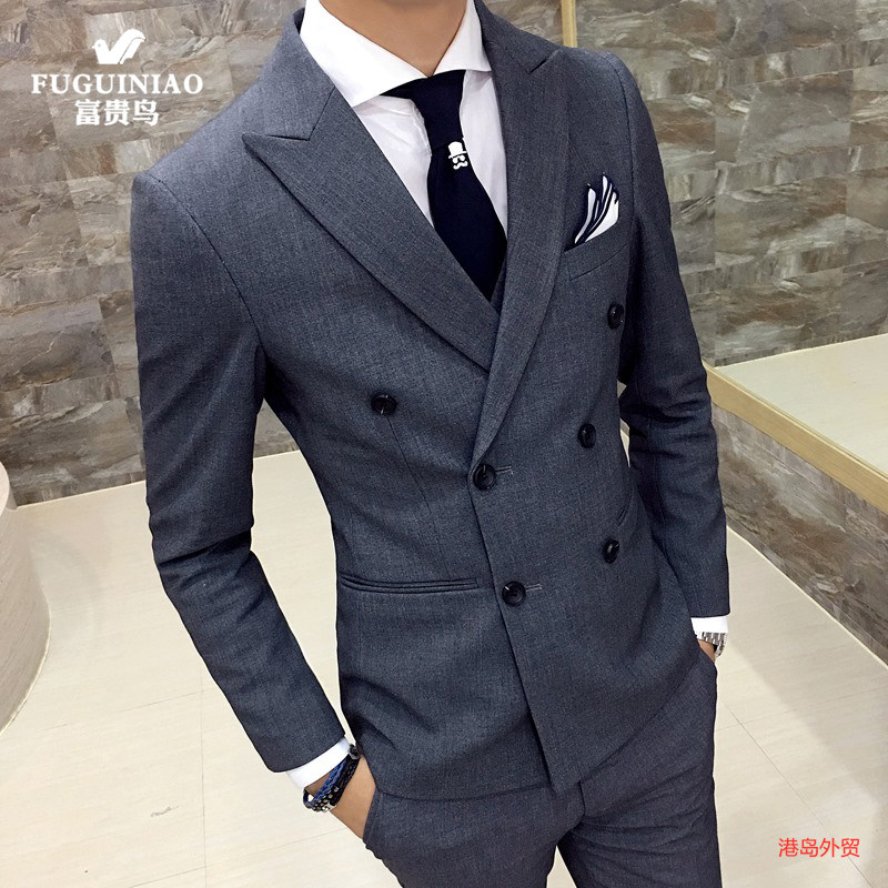 Fugui bird men's checkered suit 2022 spring autumn new Inlan Korean version Business Dress Double-row buttoned western-style suit
