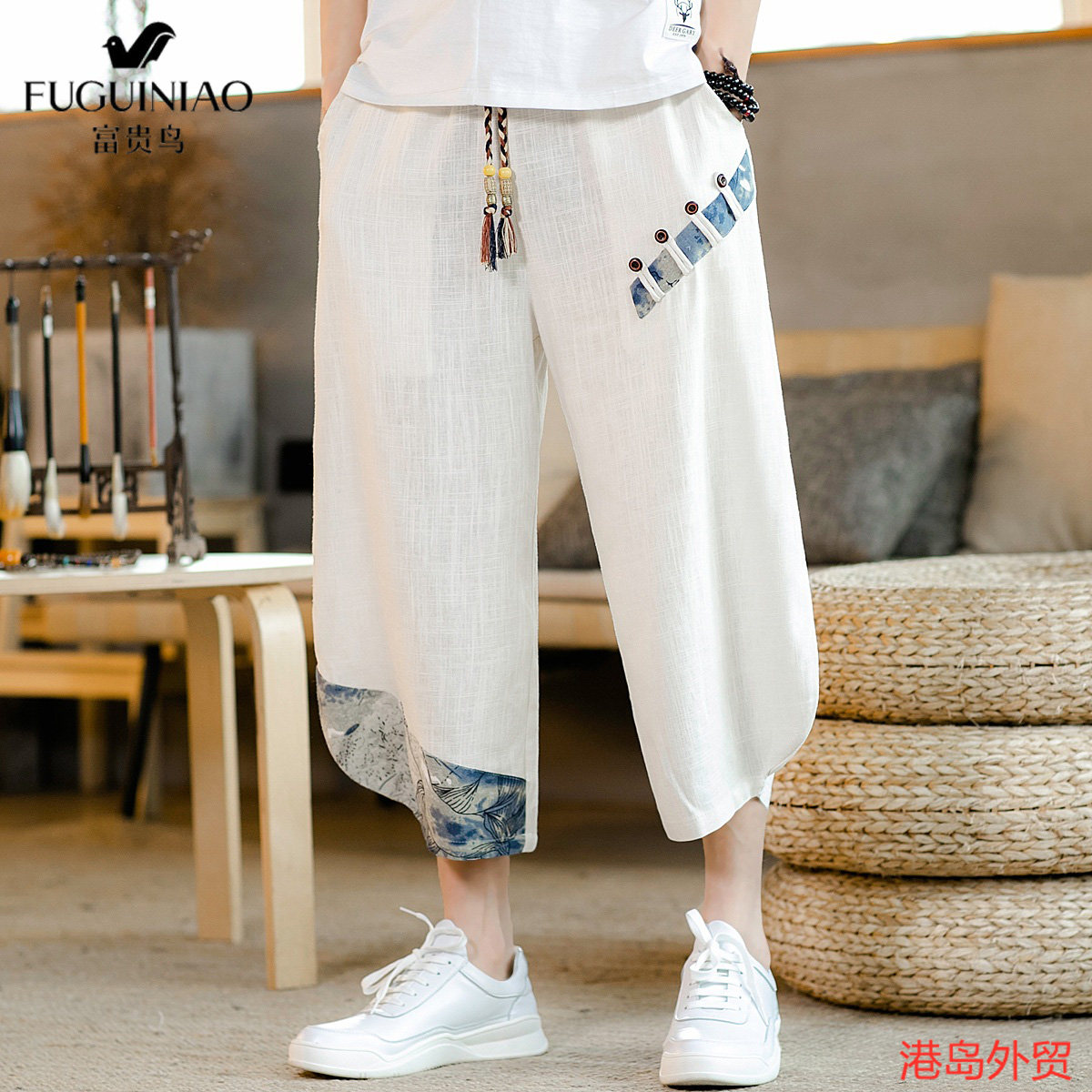 Rich bird Chinese style pants men's summer loose casual cropped pants linen five-point shorts wide-leg nine-point pants tide