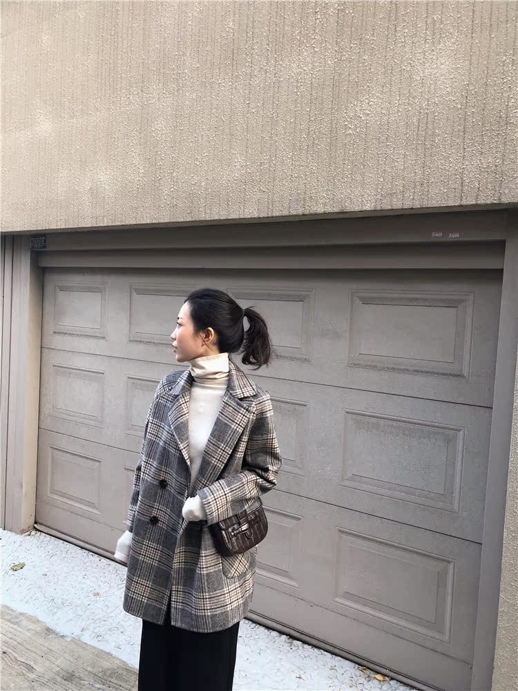 Một fishstudio cá muối houndstooth blazer ấm áp đầy đủ len giản dị retro hai mặt áo khoác nữ de thương