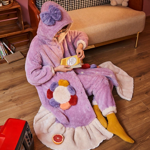 Демисезонная коралловая бархатная милая фланелевая пижама, флисовый банный халат, оверсайз, увеличенная толщина