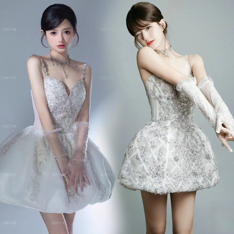 Zhao Lusi's Same Style Heavy-Duty Rhinestone Birthday Party Stage Performance Mini Dress Photo Studio Girl Portrait Photography Short Skirt