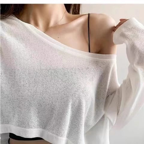 High-Waisted Cropped T-Shirt, Thin Style, 2025 Spring/Summer Sun Protection Cover-Up, Ice Silk, Korean Style, Loose Long-Sleeved Round Neck Top