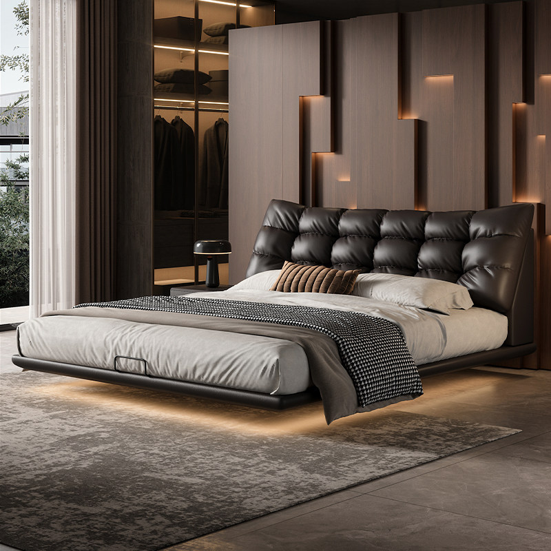 Big Black Bear Suspension Bed 2m X 2.2m Italian-Style Light Luxury Leather Storage Bed for Master Bedroom, High-End Soft-Upholstered Wedding Bed