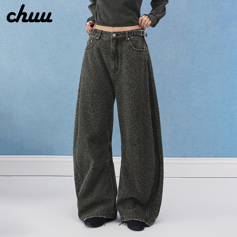 Chuu Leopard Print Distressed Jeans for Women, 2026 Winter New Arrivals, Color-Blocking, Vintage-Style, Loose Fit, Curved Hem Pants, Frayed Long Pants