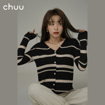 CHUU striped cardigan knitted jacket womens new spring and autumn gentle lazy wind V-neck short top