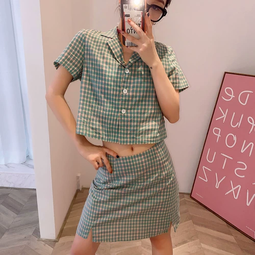 Летний комплект, хлопковая рубашка, мини-юбка, 2020, в корейском стиле, в западном стиле, А-силуэт