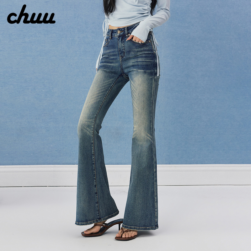 Chuu Washed White Denim Jeans for Women, 2026 Autumn New Collection, Distressed Low-Waist Versatile Flared Long Pants Chuu Washed White Denim Jeans for Women, 2026 Autumn New Collection, Distressed Low-Waist Versatile Flared Long Pants
