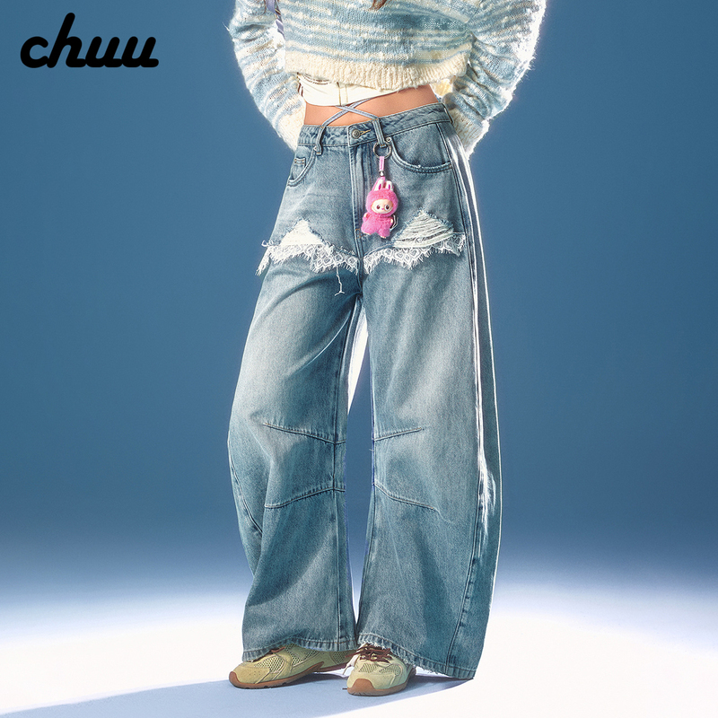[Same Style as Choi Yoon-Nyeo] Chuu Ripped Scimitar-Cut Jeans for Women 2026 Spring and Autumn Lace Letter Tie-Up Long Pants