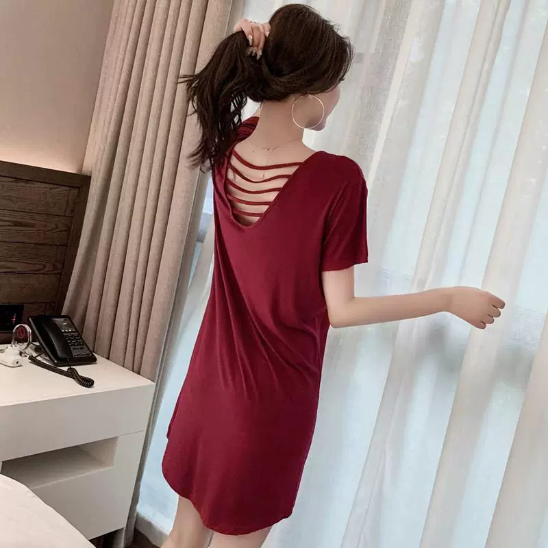 Bộ đồ ngủ mặc nhà cotton phương thức mùa hè có đệm ngực áo ngực ngắn tay miễn phí mỏng rời kích thước lớn mặc nhà phụ nữ - Đêm đầm