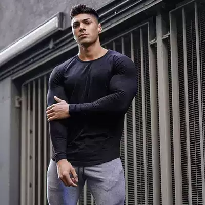 Muscle new fitness sweatpants thick cotton T-type men's tight-fitting long-sleeved winter warm bottoming shirt cotton round neck service