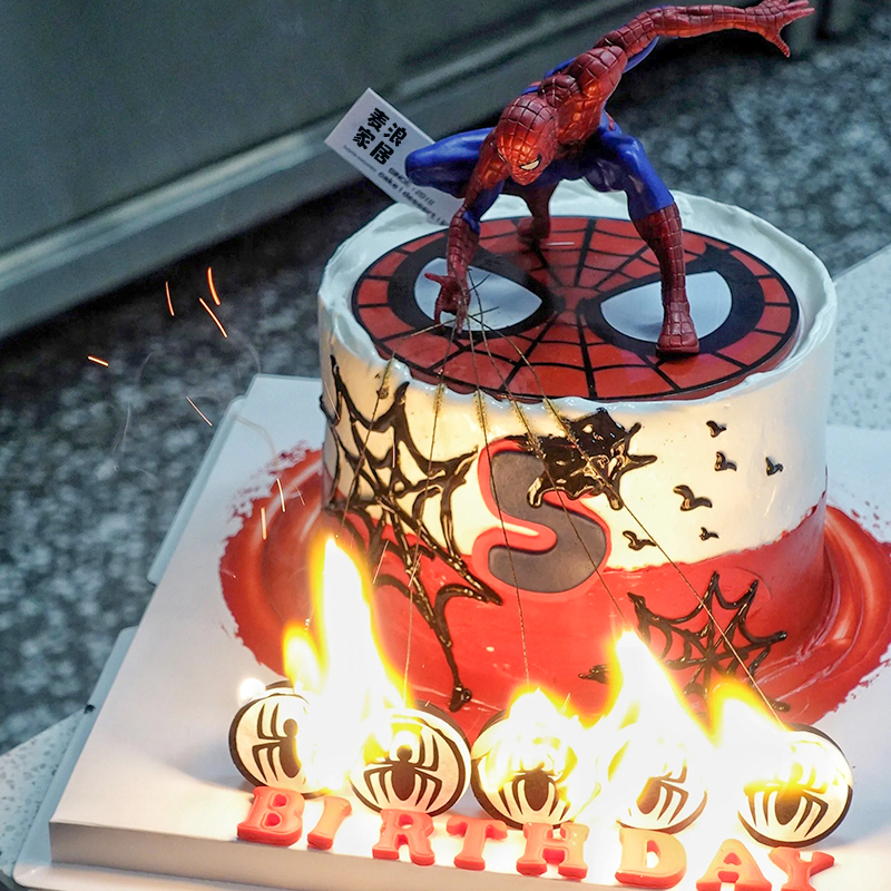 Internet Celebrity Instagram Magic Flame Spider-Man Birthday Cake Decoration Piece, Same Style as on Xiaohongshu, Magic Flame Candle