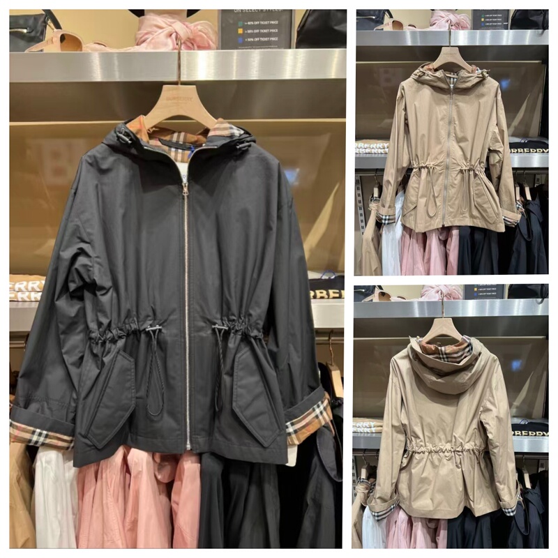 Burberry Burberry Hooded Drawstring Windbreaker Women's Mid-Length Waist-Cinching Coat Plaid Patchwork Jacket