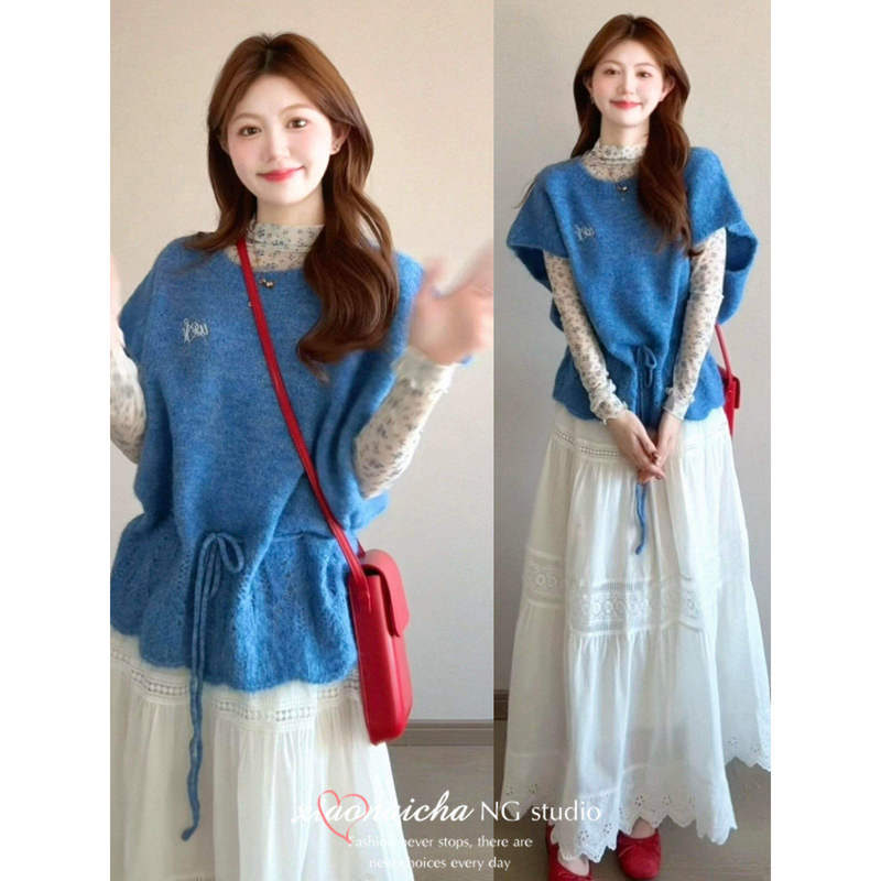 Korean-Style Outfit: Blue Drawstring Knitted Vest Layered with Floral Print Base Layer, Women's Spring Fashion High-Waisted Skirt Set