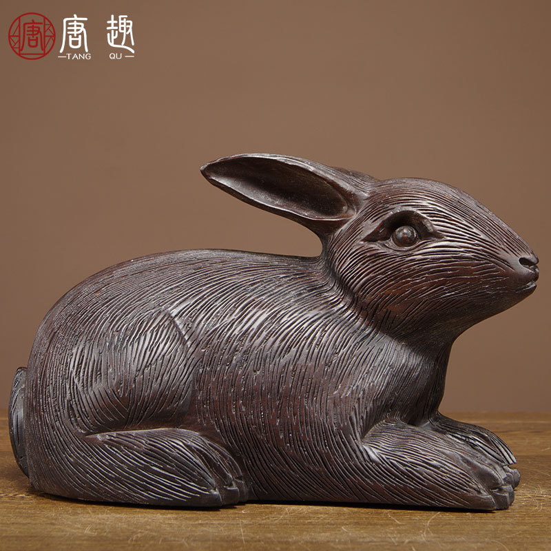 Sandalwood carving rabbit ornaments solid wood twelve zodiac animals a pair of rabbits home decoration mahogany crafts