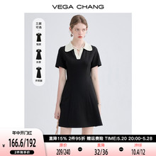 VEGA CHANG Premium Dress Women's Summer Small Polo Collar British Style Slim Commuter Black Dress