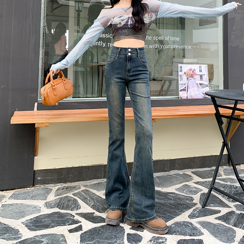 Cement Gray Flared Jeans for Women, 2026 Autumn New Style, High-Waisted, Slimming, Stretchy, Fitted, Double-Button Flared Pants
