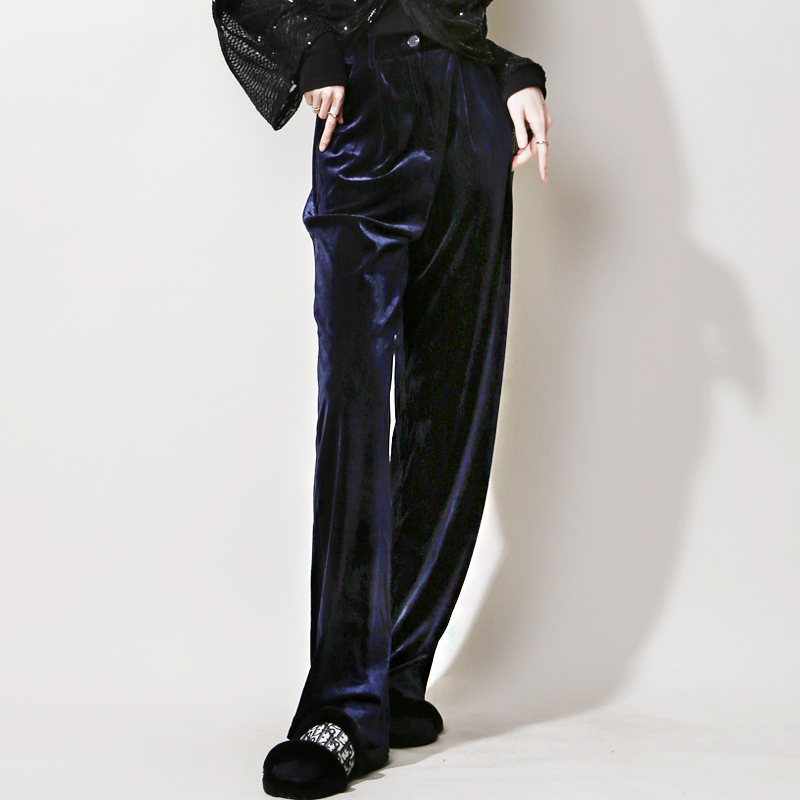 T28 Autumn and Winter Highlight: Low-Key Dark Blue Velvet Matte High-Waisted Drapey Slimming Loose Straight Wide-Leg Pants