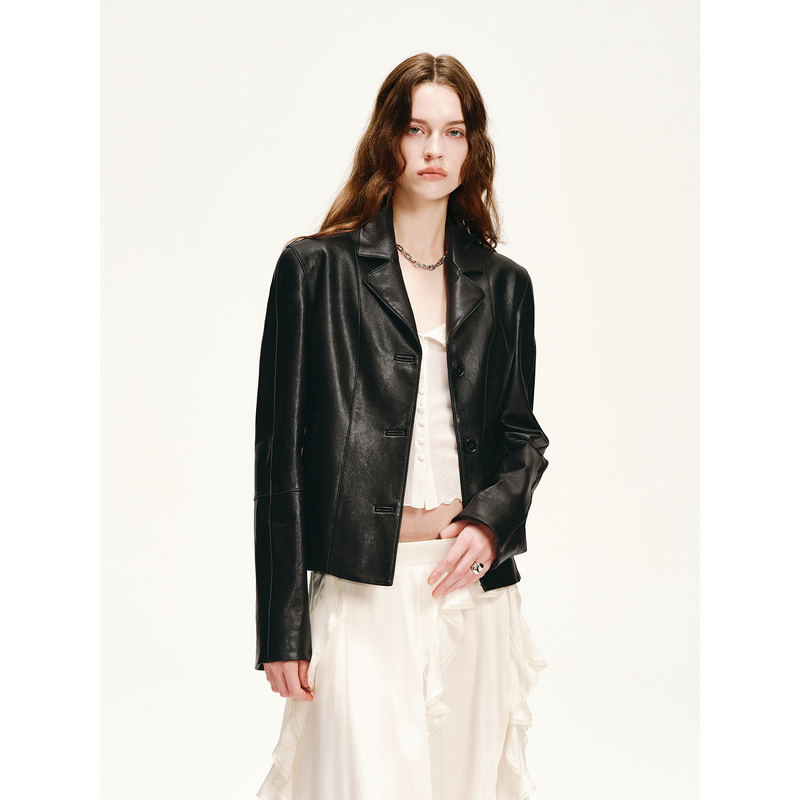 Fu Zhi En Imported Waxy/Velvet Sheepskin Lapel Leather Jacket Waist-Cinching Short Blazer for Women | Obsidian Party Fu Zhi En Imported Waxy/Velvet Sheepskin Lapel Leather Jacket Waist-Cinching Short Blazer for Women | Obsidian Party