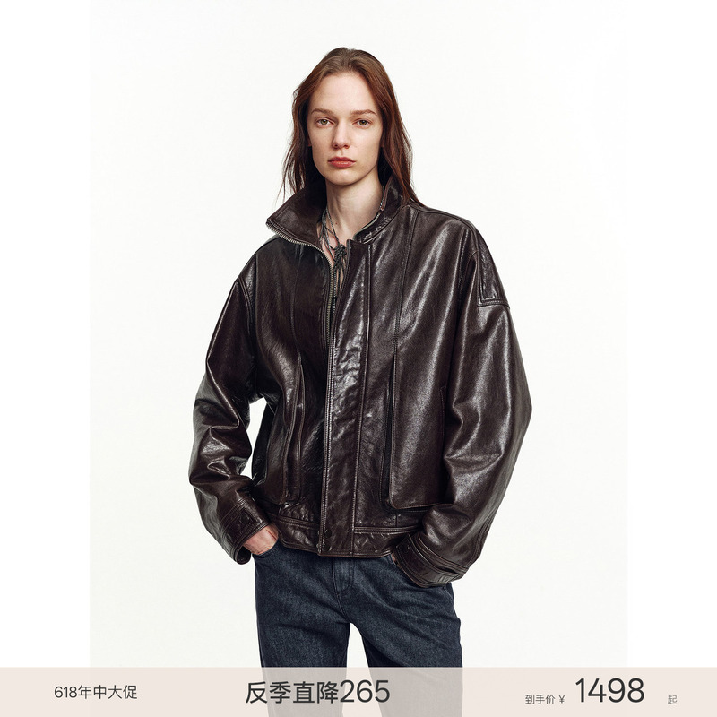 Fu Zhen's Flight Notes Vintage Oil Wax Sheepskin Genuine Leather Stand Collar Leather Jacket Wide Leather Coat for Women Fu Zhen's Flight Notes Vintage Oil Wax Sheepskin Genuine Leather Stand Collar Leather Jacket Wide Leather Coat for Women