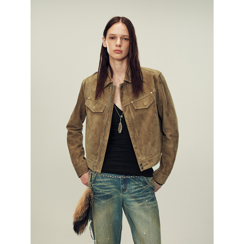 Fu Zhi En Imported First-Layer Suede Sheepskin Short Jacket for Women, Vintage Box-Shaped Genuine Leather Jacket | Style
