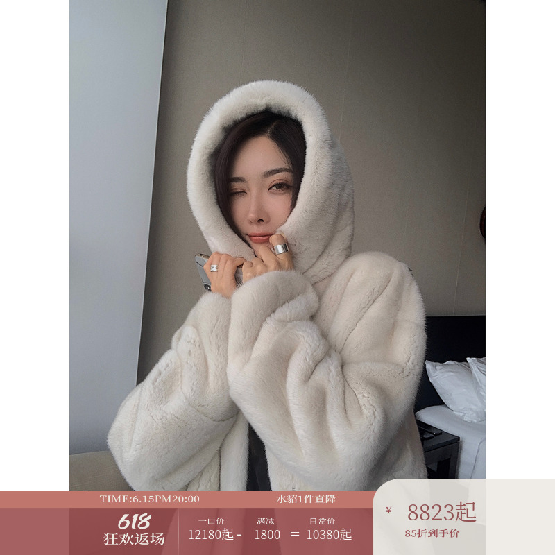 Fu Zhien fairy tale mink imported mink fur casual style hooded mink fur whole mink coat 2022 new winter