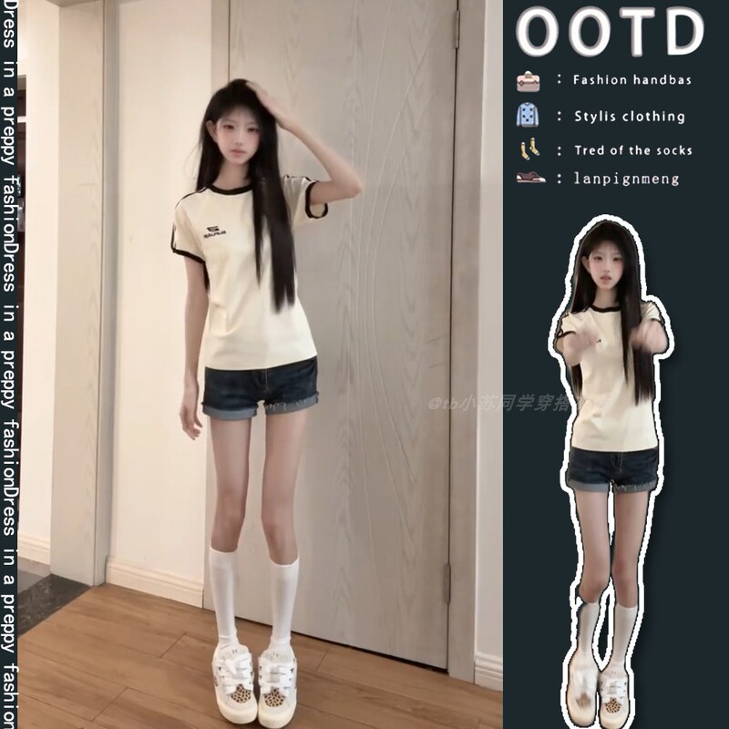 Summer Trendy Youthful Hot Girl Style New Ootd Women's Slimming Short T-Shirt with High-Fashion Denim Shorts Set