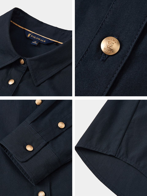 Polowalk Simple Embroidered Pure Cotton Long-Sleeved Women's Shirt Spring & Fall New Business Casual Pure Color Lapel Shirt