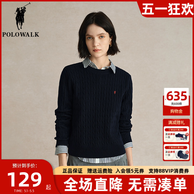 Polowalk Retro Cable-Knit Round-Neck Sweater for Women 2025 Spring Show New Style Slim Fit Versatile Pullover Sweater
